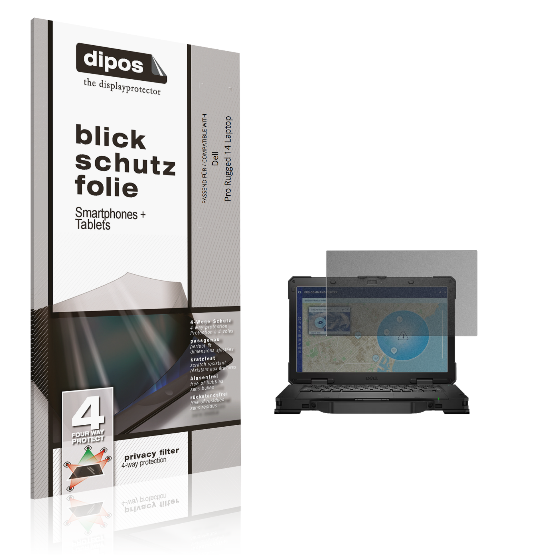 Blickschutzfolie von dipos passend für dellpro rugged 14 laptop, präziser Zuschnitt und blasenfrei montiert