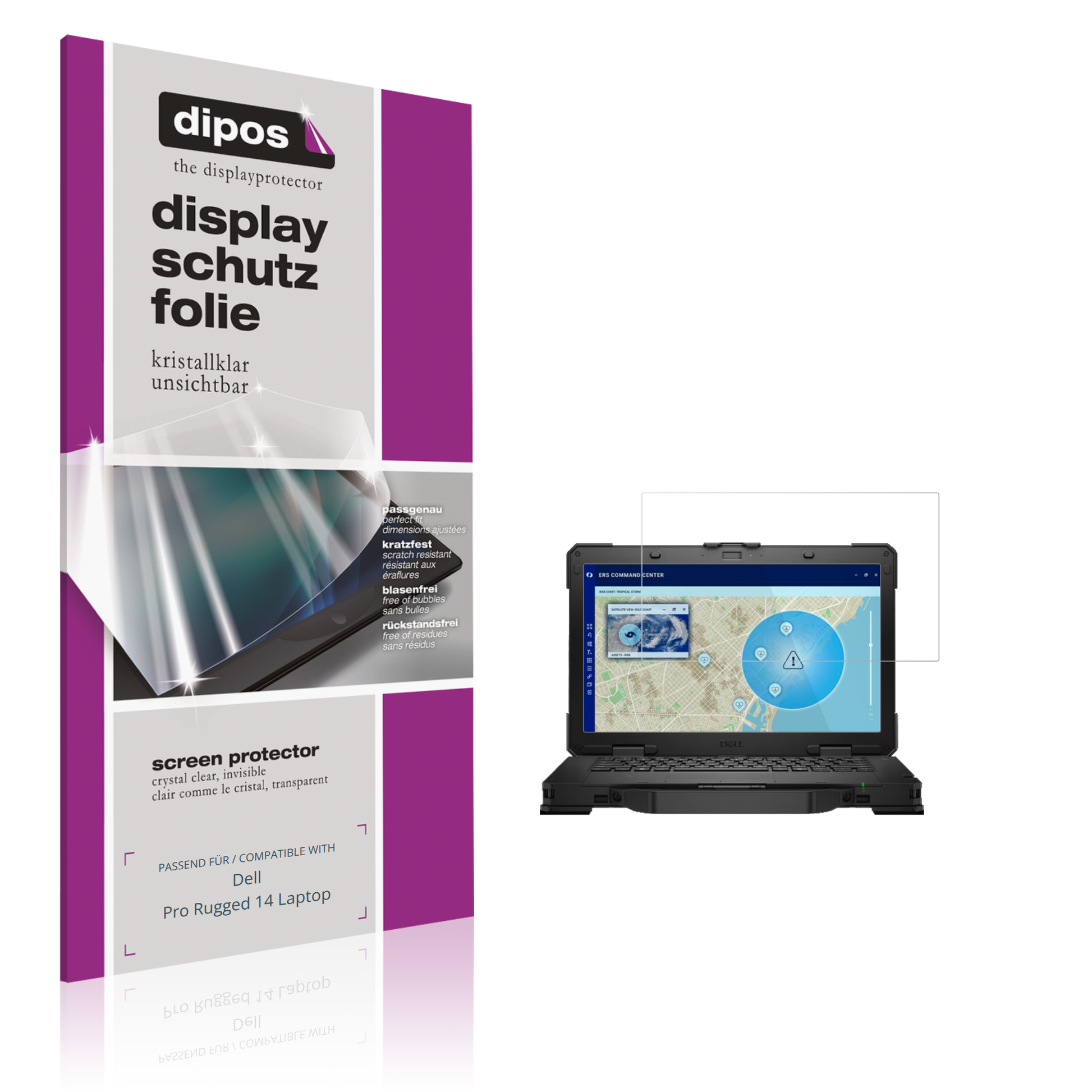 Klare Displayschutzfolie von dipos passend für dellpro rugged 14 laptop, präziser Zuschnitt und blasenfrei montiert