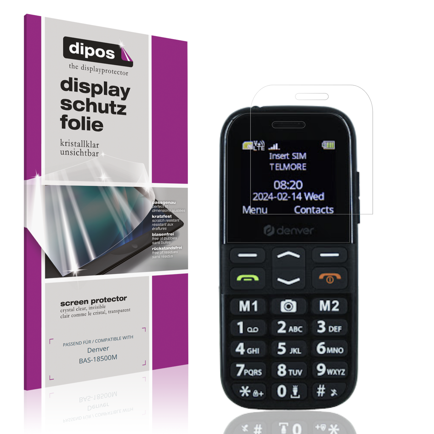 Klare Displayschutzfolie von dipos passend für Denver BAS-18500M, präziser Zuschnitt und blasenfrei montiert