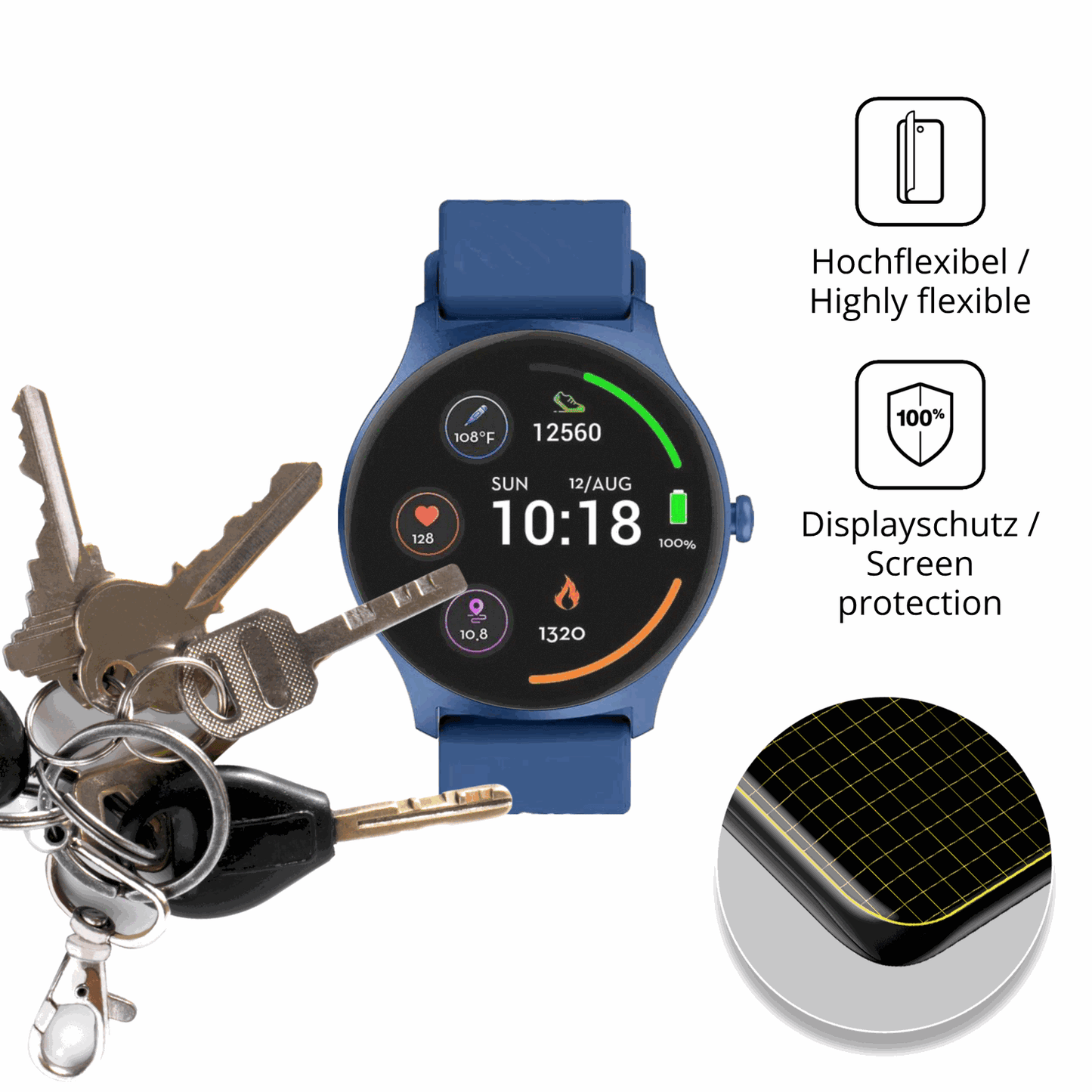 dipos Displayschutz für Denver SWC-387 1.43 Zoll, transparente Oberfläche, perfekte Passform auch für die Rundungen