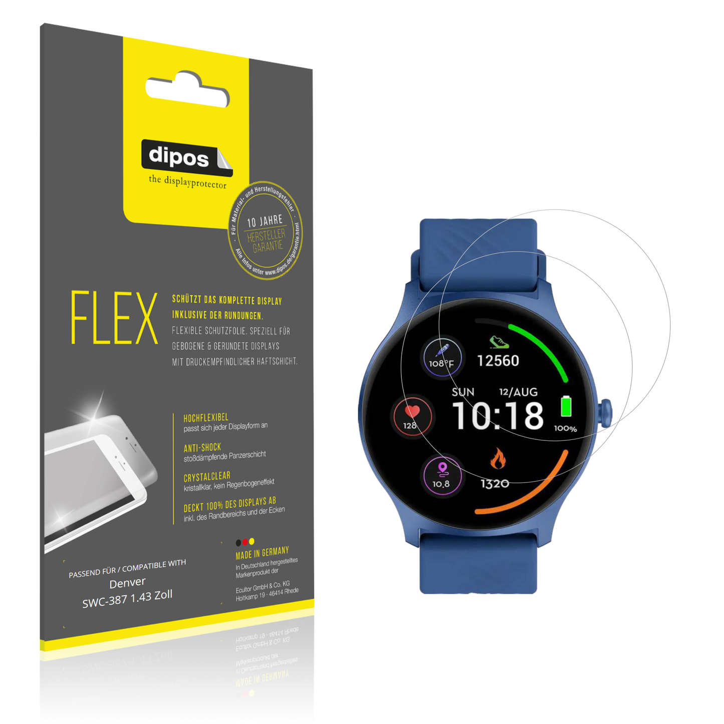 Klare Displayschutzfolie von dipos passend für Denver SWC-387 1.43 Zoll, 100% Displayabdeckung und blasenfreie Montage