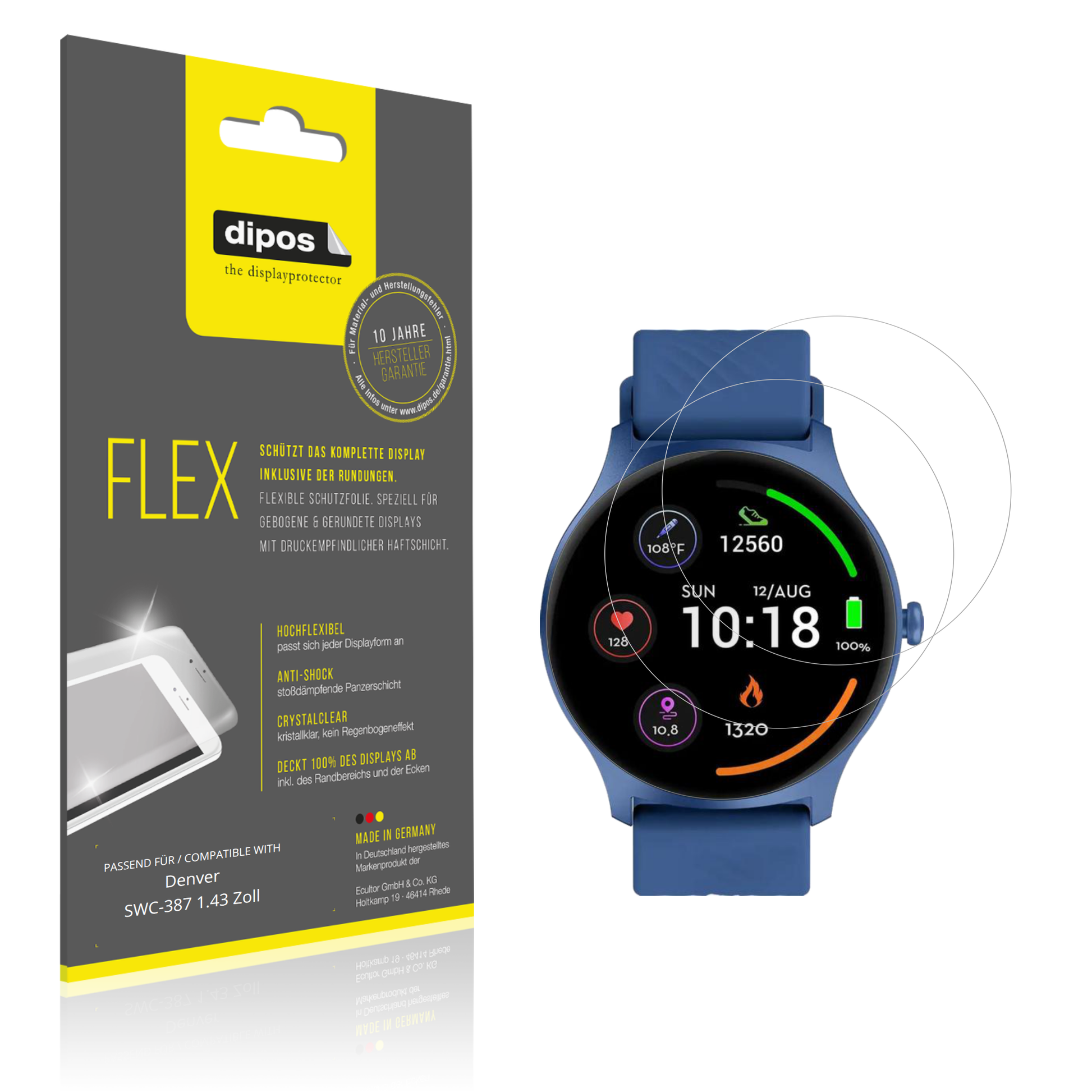Klare Displayschutzfolie von dipos passend für Denver SWC-387 1.43 Zoll, 100% Displayabdeckung und blasenfreie Montage