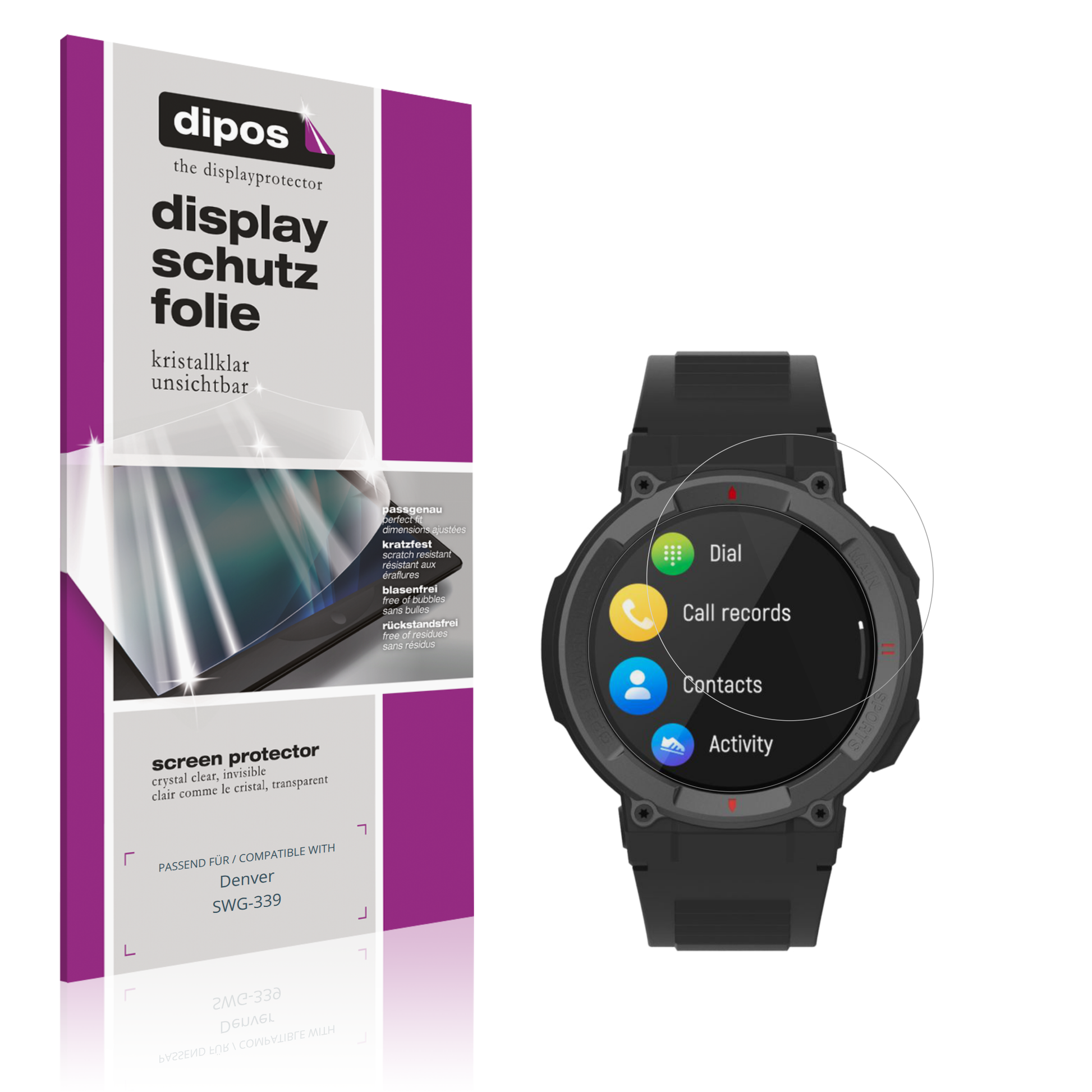 Klare Displayschutzfolie von dipos passend für Denver SWG-339, präziser Zuschnitt und blasenfrei montiert