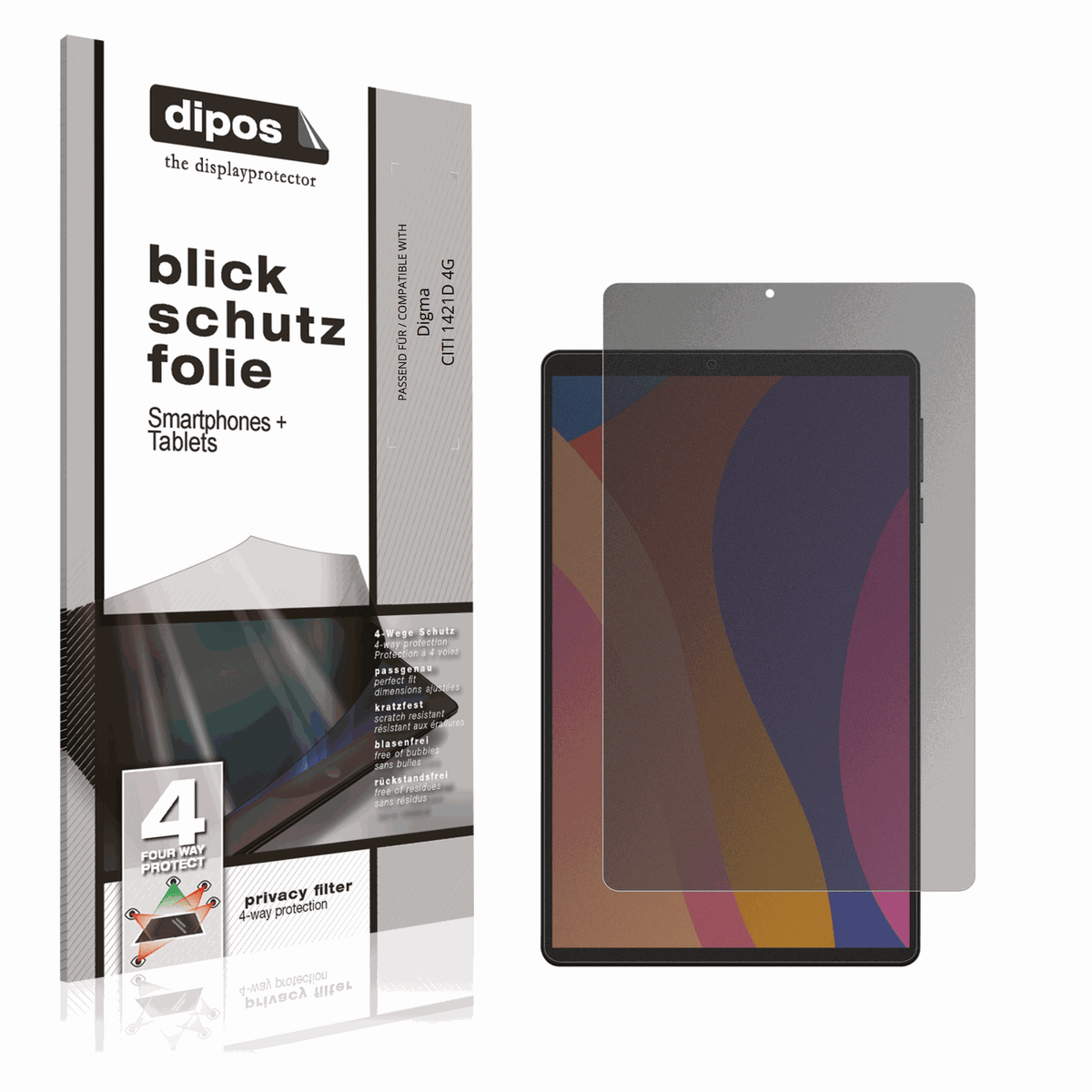 Blickschutzfolie von dipos passend für Digma CITI 1421D 4G, präziser Zuschnitt und blasenfrei montiert