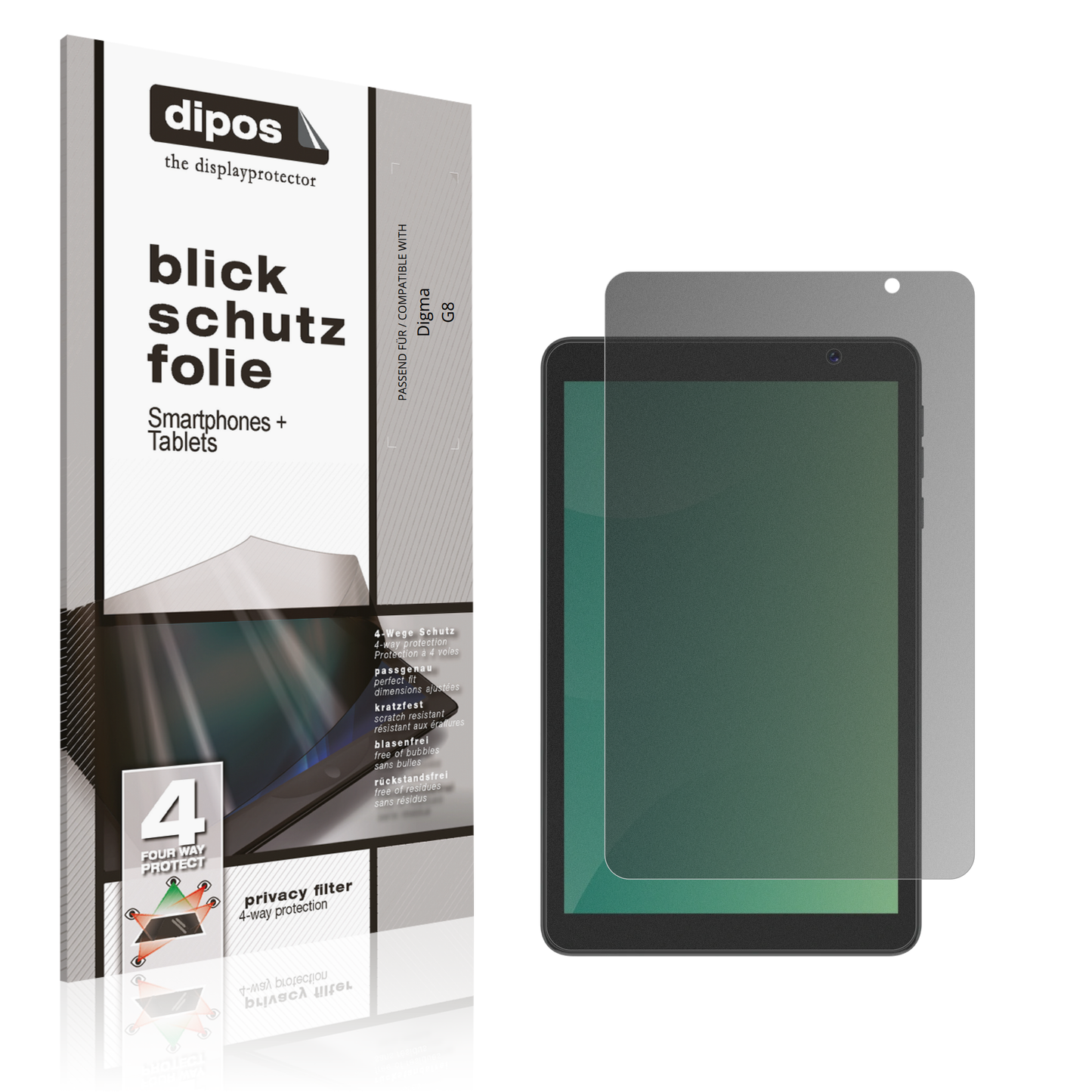 Blickschutzfolie von dipos passend für Digma G8, präziser Zuschnitt und blasenfrei montiert