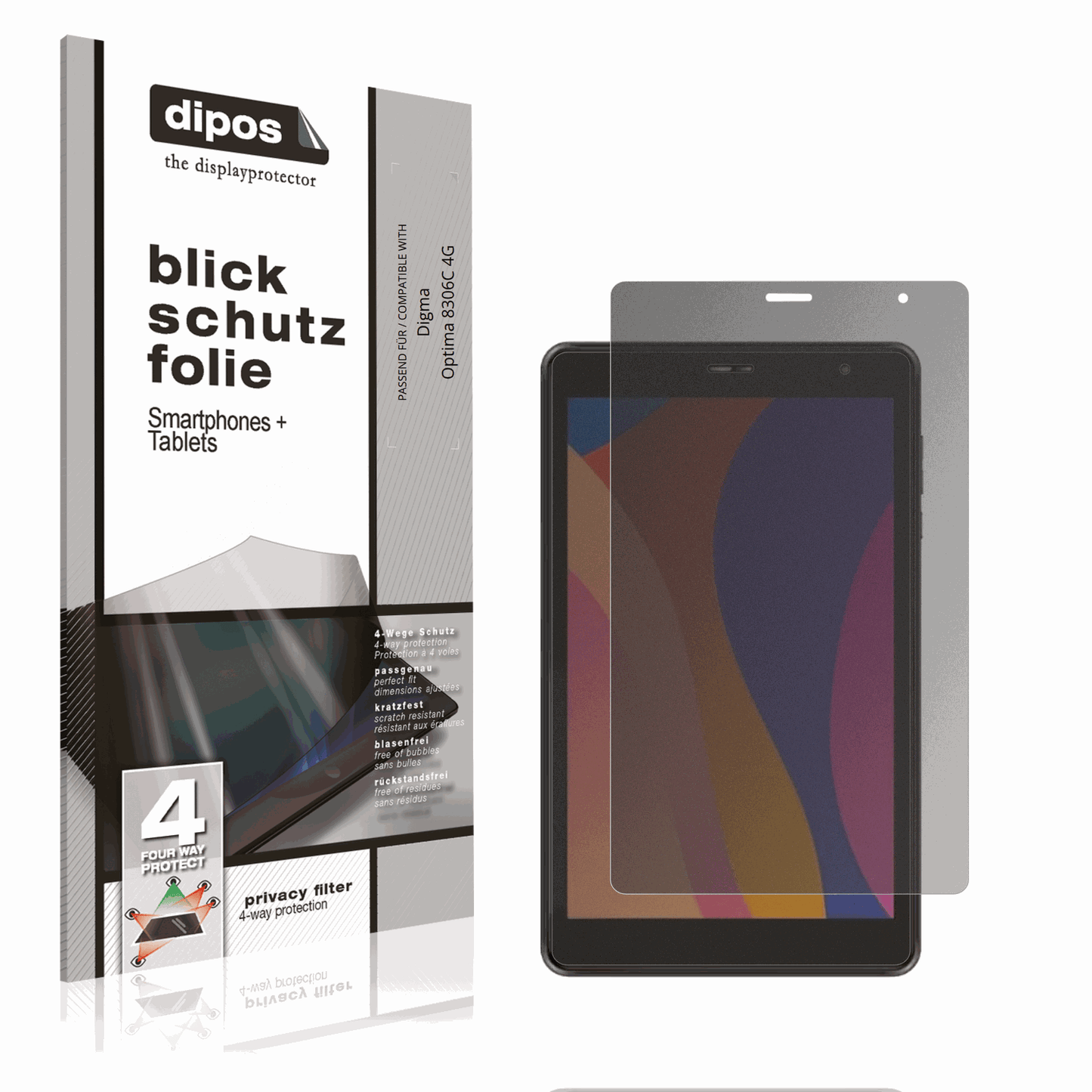 Blickschutzfolie von dipos passend für Digma Optima 8306C 4G, präziser Zuschnitt und blasenfrei montiert