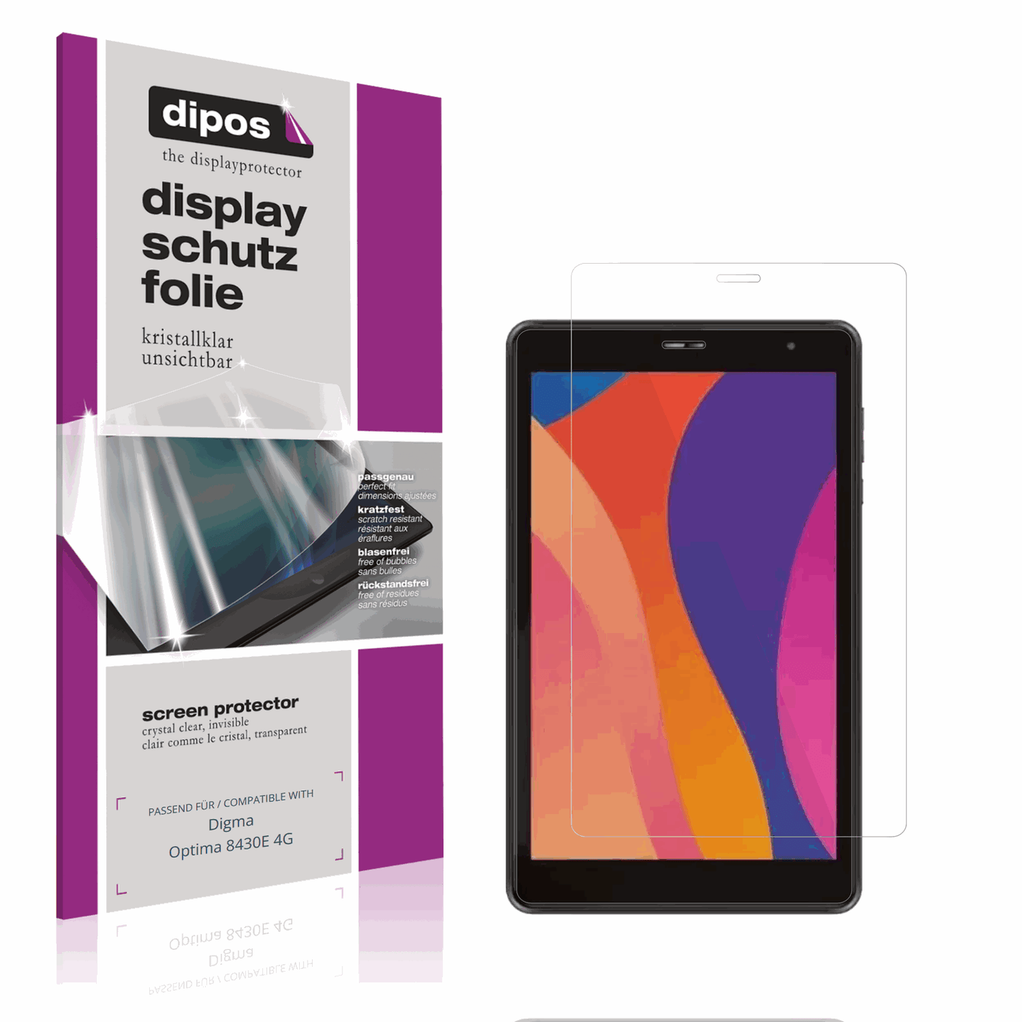 Klare Displayschutzfolie von dipos passend für Digma Optima 8430E 4G, präziser Zuschnitt und blasenfrei montiert