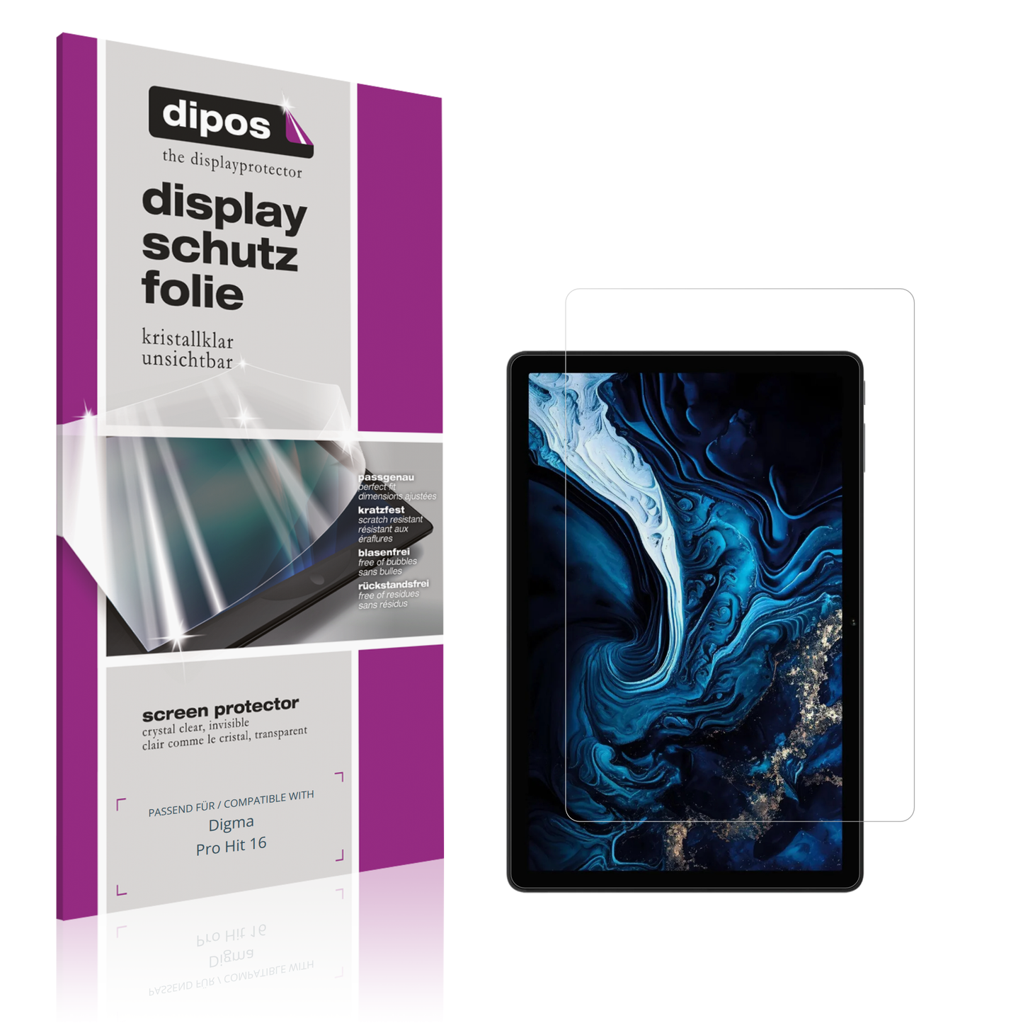 Klare Displayschutzfolie von dipos passend für Digma Pro Hit 16, präziser Zuschnitt und blasenfrei montiert