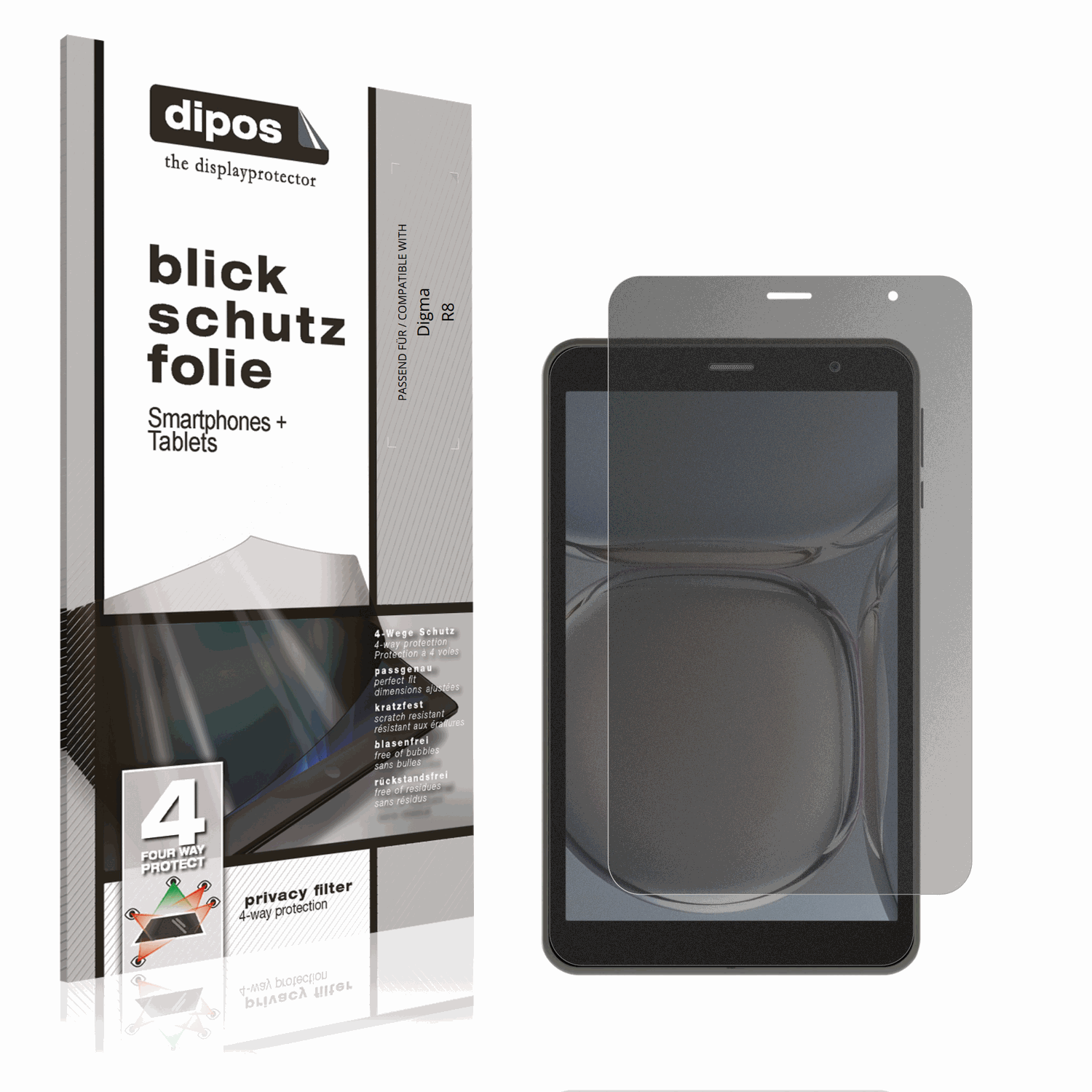 Blickschutzfolie von dipos passend für Digma R8, präziser Zuschnitt und blasenfrei montiert