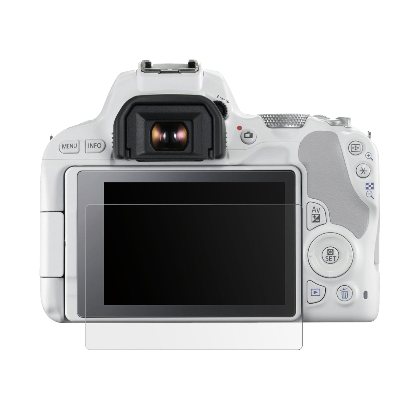 Canon200D mit aufgebrachter dipos Displayschutzfolie, die lästige Fingerabdrücke minimiert