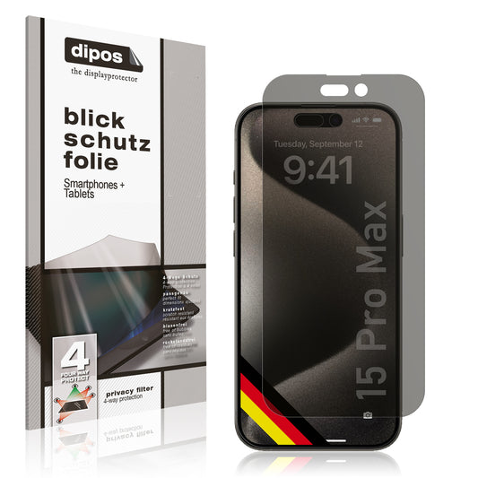 Blickschutzfolie von dipos passend für Apple iPhone 15 Pro Max, präziser Zuschnitt und blasenfrei montiert