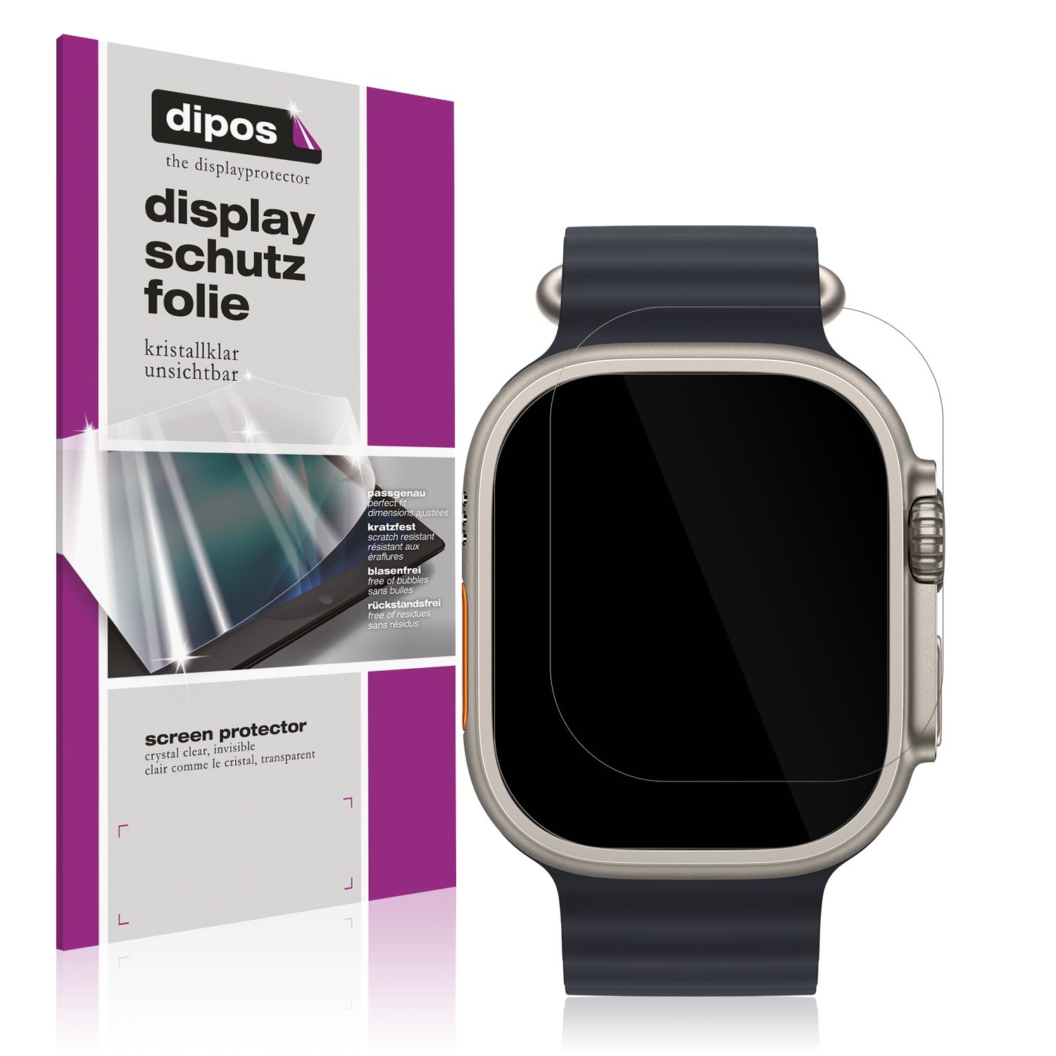 Klare Displayschutzfolie von dipos passend für Apple Watch Ultra 3, präziser Zuschnitt und blasenfrei montiert