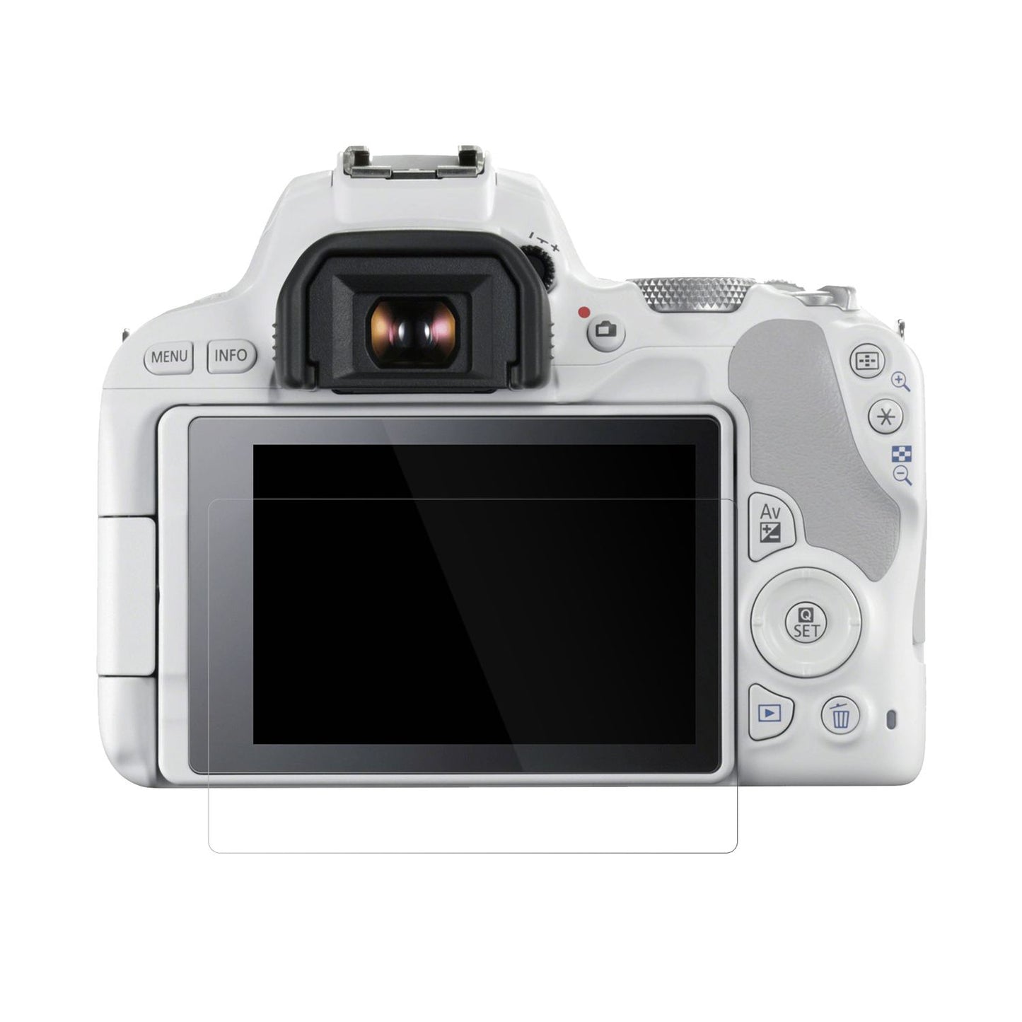 Canon200D mit aufgebrachter dipos Displayschutzfolie, glasklare Darstellung ohne Einschränkungen