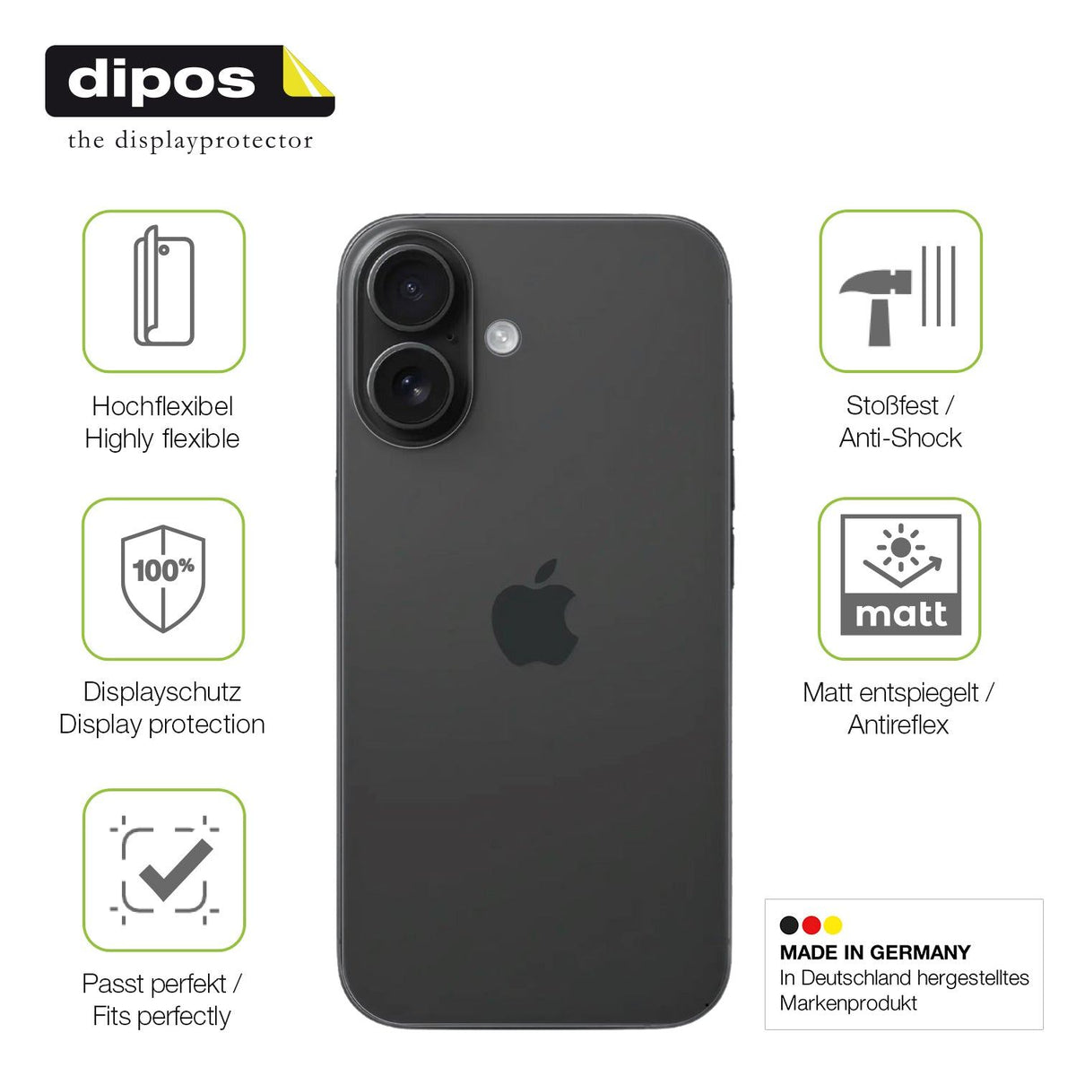 2x Full Cover Schutzfolie matt für Apple iPhone 16 Rückseite