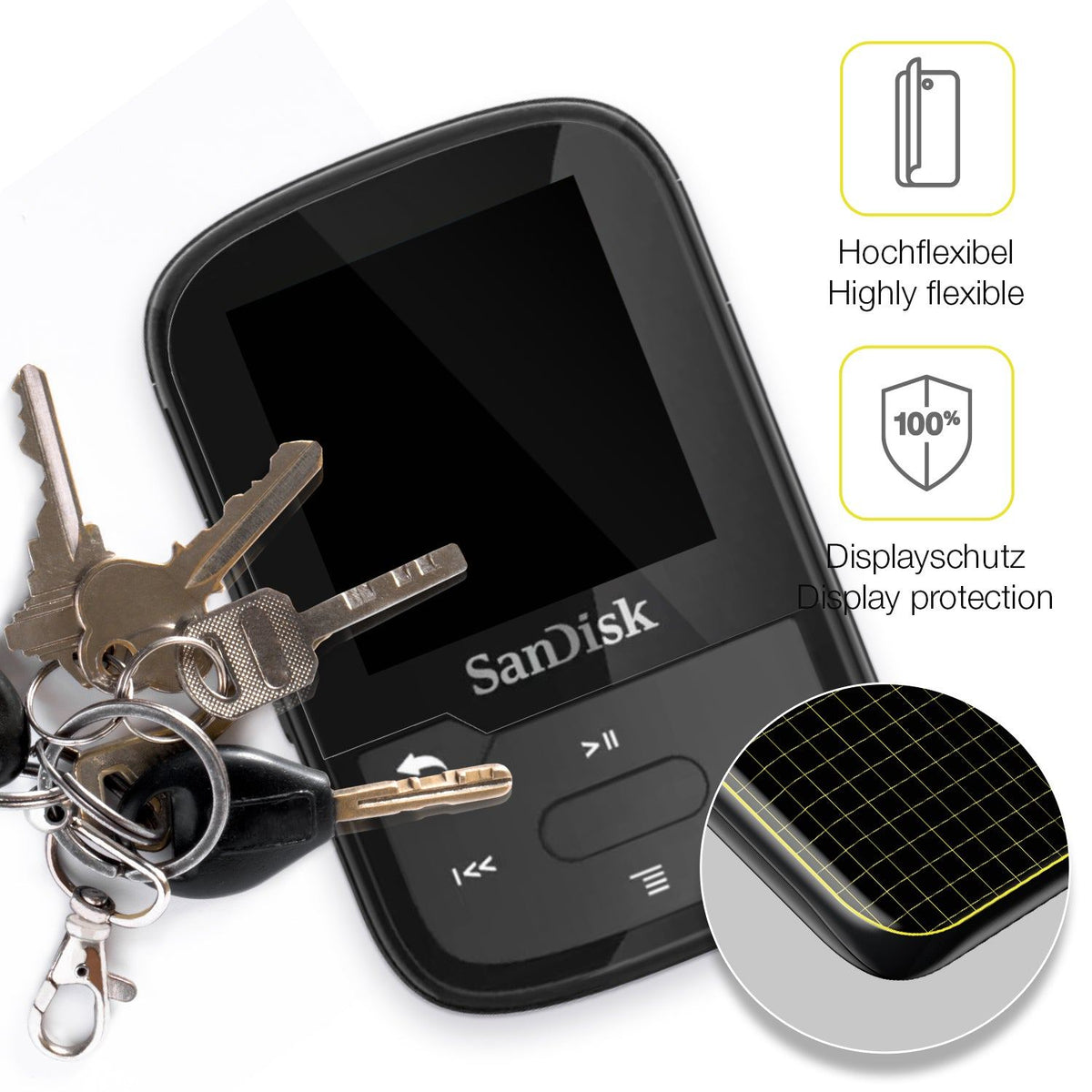 2x 3D Full Cover Schutzfolie für SanDisk Clip Sport Plus