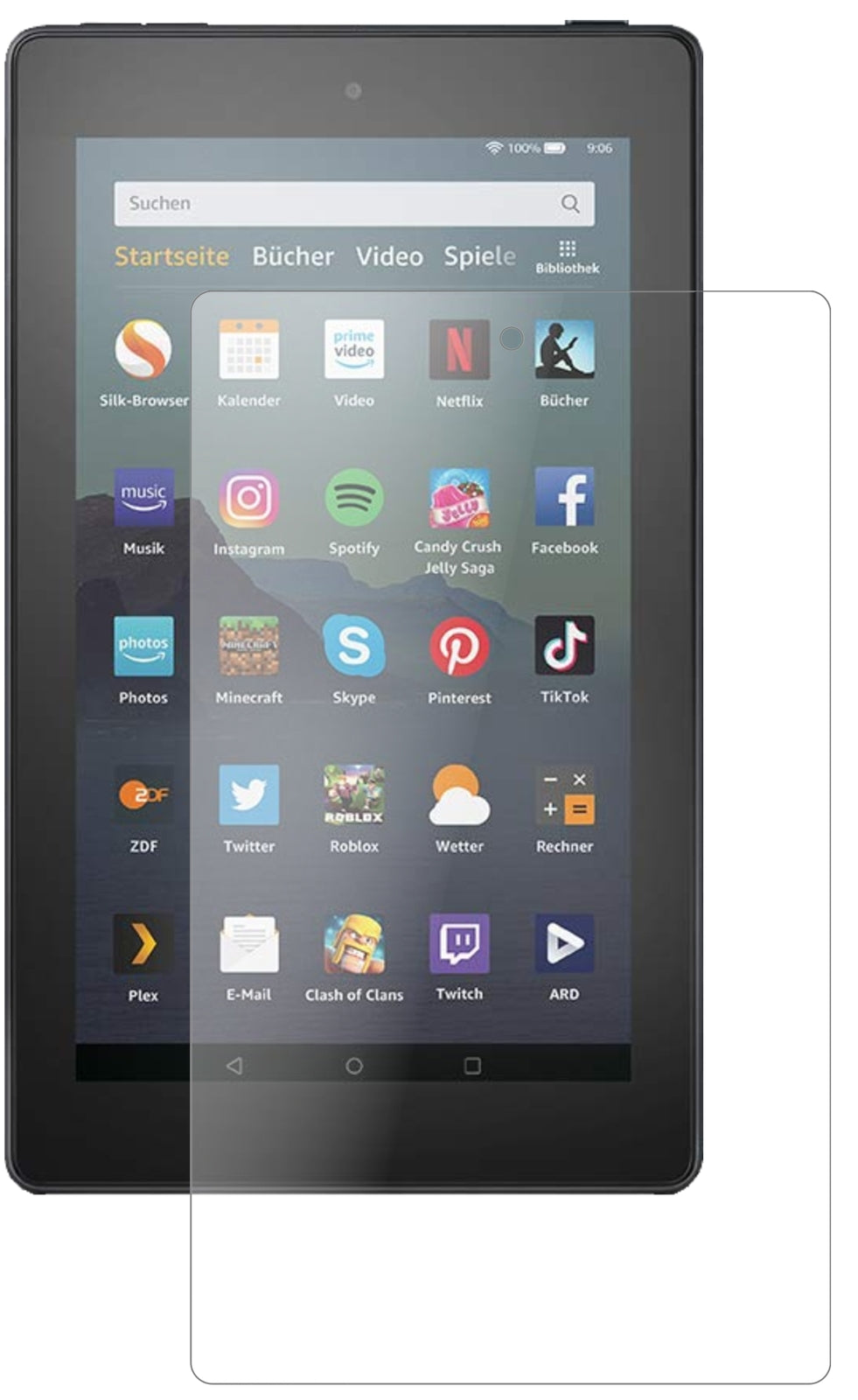 AmazonFire 7 Tablet (2019) mit aufgebrachter dipos Panzerfolie, die lästige Fingerabdrücke minimiert