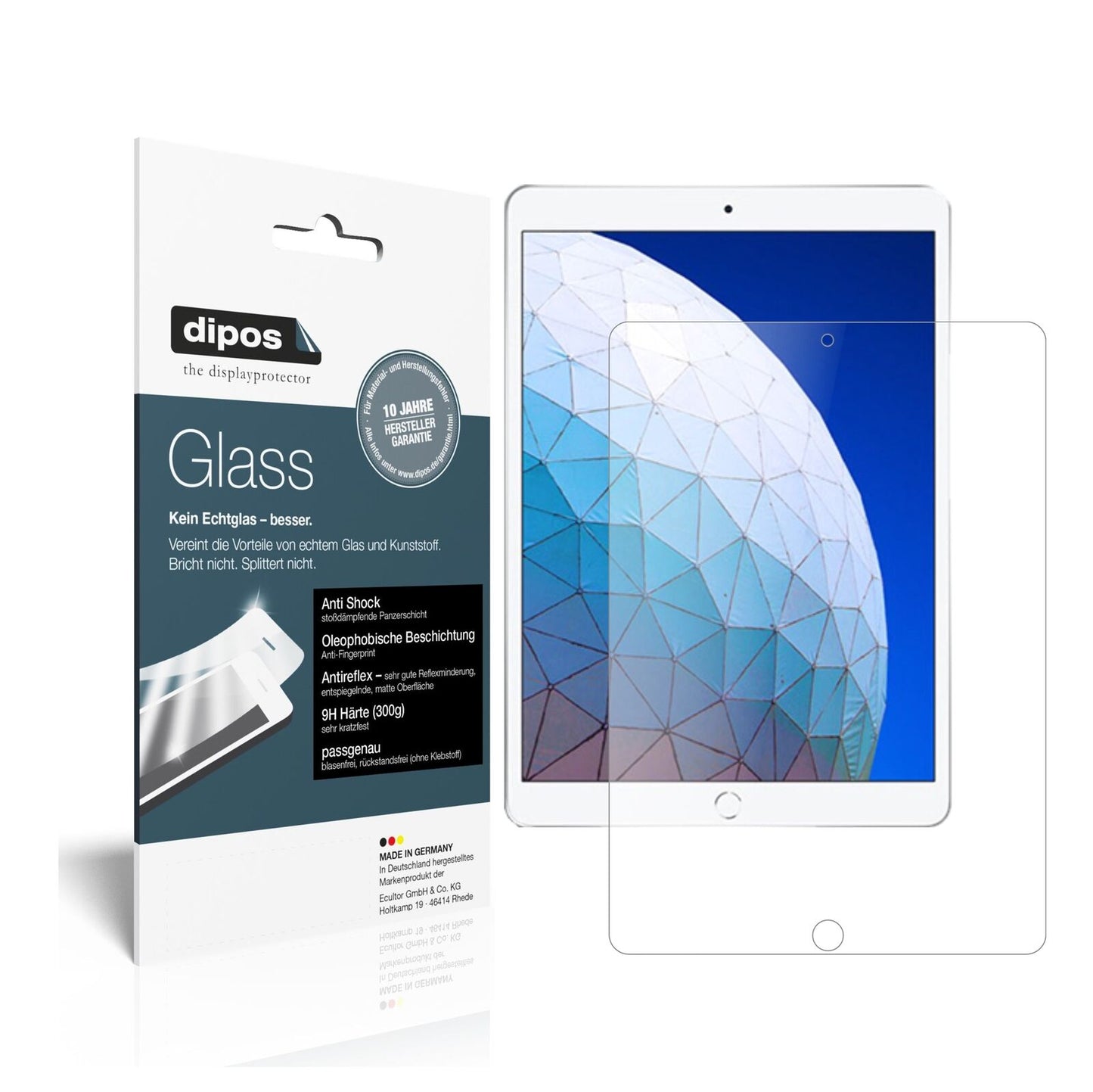 AppleiPad Air (2019) 10.5 Zoll mit aufgebrachter dipos Panzerfolie, die lästige Fingerabdrücke minimiert