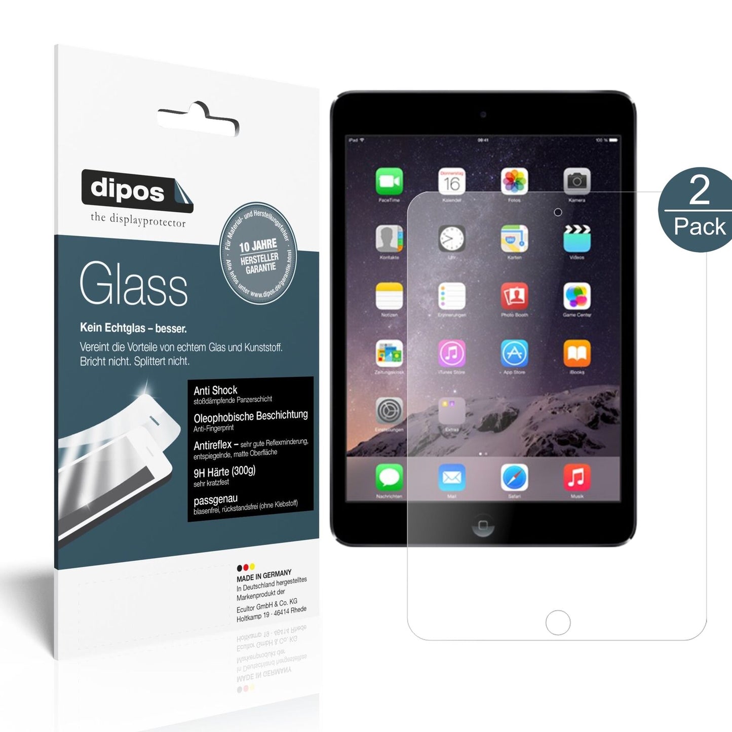 AppleiPad Mini 1 / 2 / 3 mit aufgebrachter dipos Panzerfolie, die lästige Fingerabdrücke minimiert
