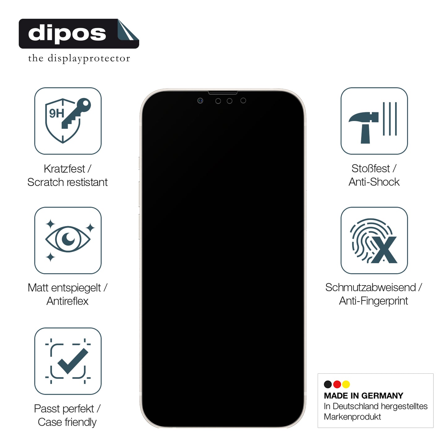 AppleiPhone 13 Pro Max mit aufgebrachter dipos Panzerfolie, die lästige Fingerabdrücke minimiert