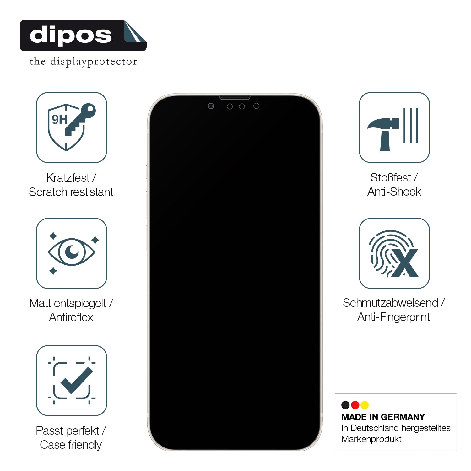 AppleiPhone 13 Pro mit aufgebrachter dipos Panzerfolie, die lästige Fingerabdrücke minimiert