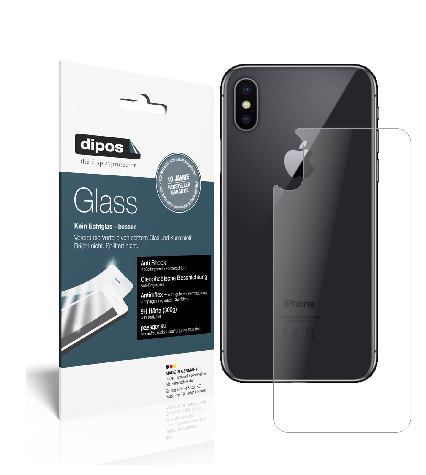 AppleiPhone XS Rückseite mit aufgebrachter dipos Panzerfolie, die lästige Fingerabdrücke minimiert