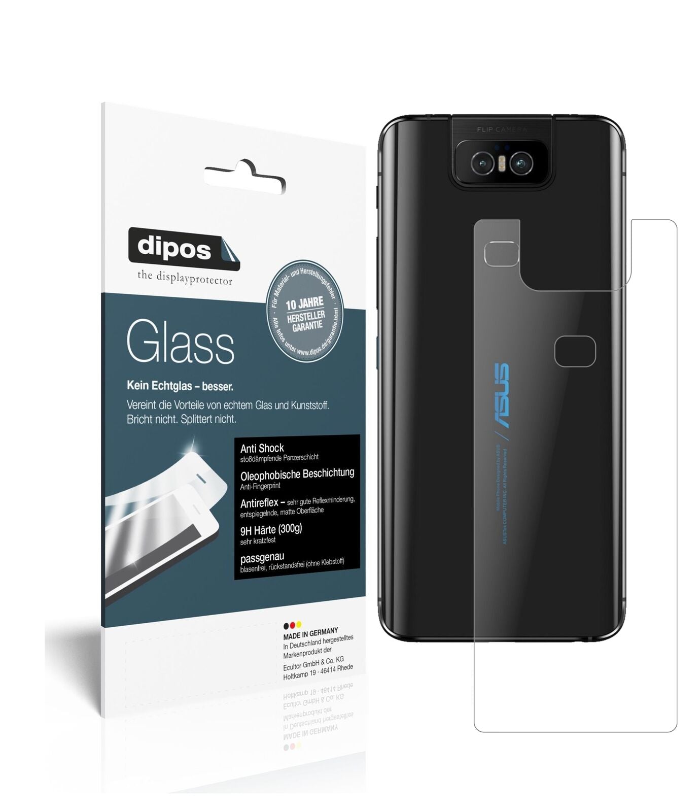 AsusZenfone 6 (ZS630KL) Rückseite mit aufgebrachter dipos Panzerfolie, die lästige Fingerabdrücke minimiert