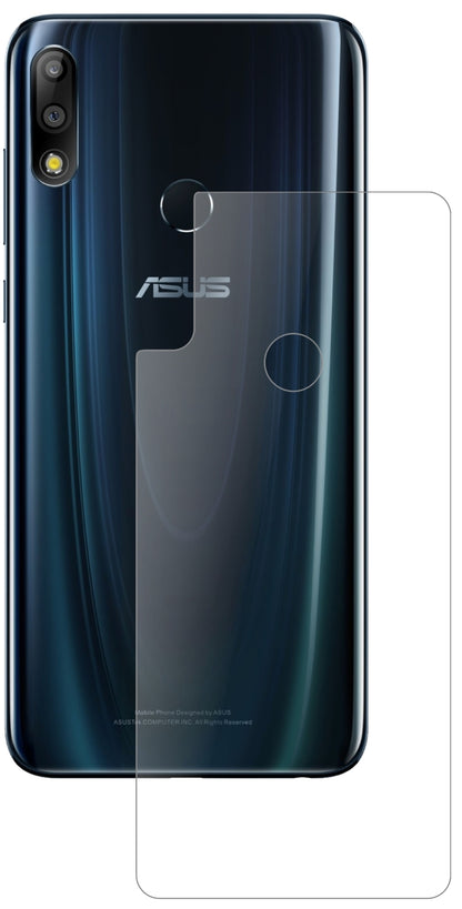 AsusZenFone Max Pro (M2) Rückseite mit aufgebrachter dipos Panzerfolie, die lästige Fingerabdrücke minimiert