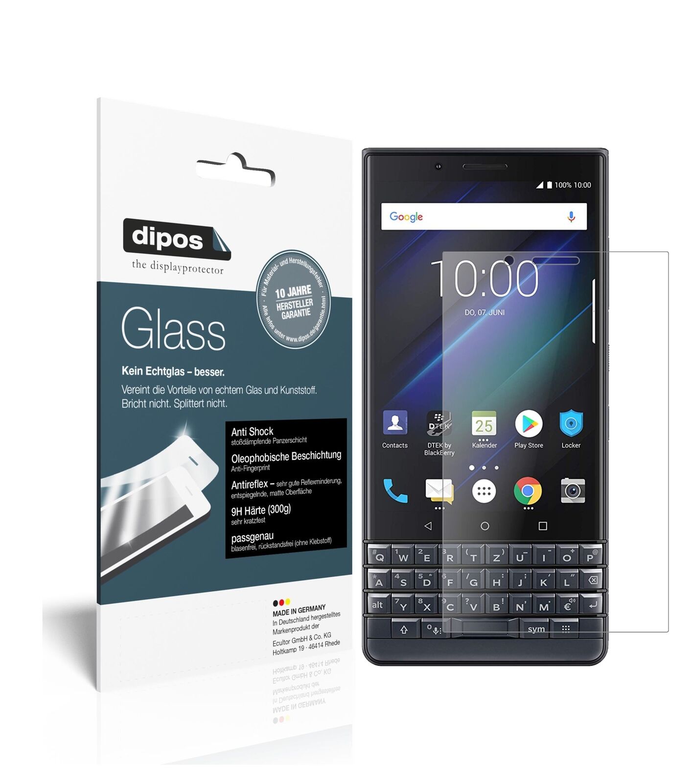 BlackberryKey 2 LE mit aufgebrachter dipos Panzerfolie, die lästige Fingerabdrücke minimiert