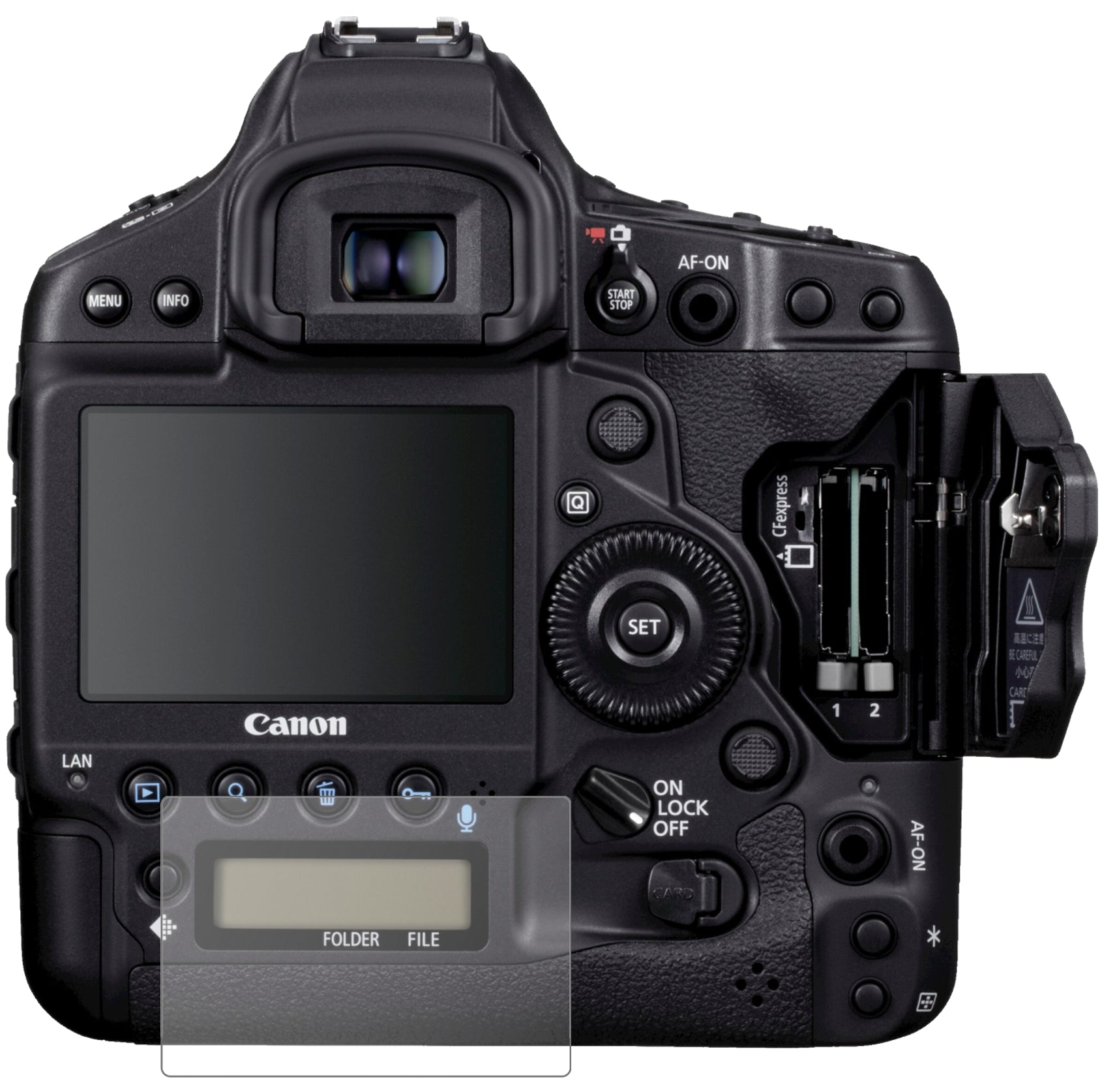 CanonEos 1DX Mark II mit aufgebrachter dipos Panzerfolie, die lästige Fingerabdrücke minimiert