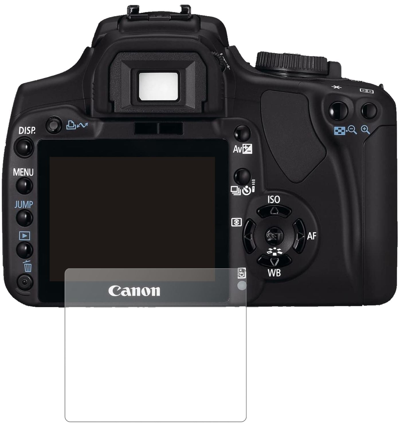 CanonEOS 400D mit aufgebrachter dipos Panzerfolie, die lästige Fingerabdrücke minimiert