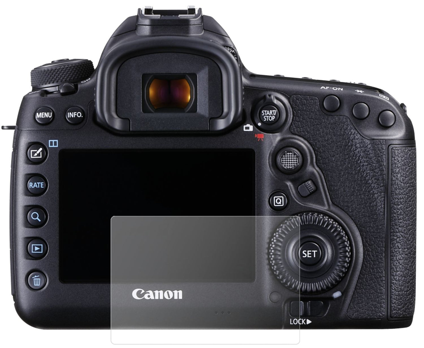 CanonEOS 5D Mark IV mit aufgebrachter dipos Panzerfolie, die lästige Fingerabdrücke minimiert
