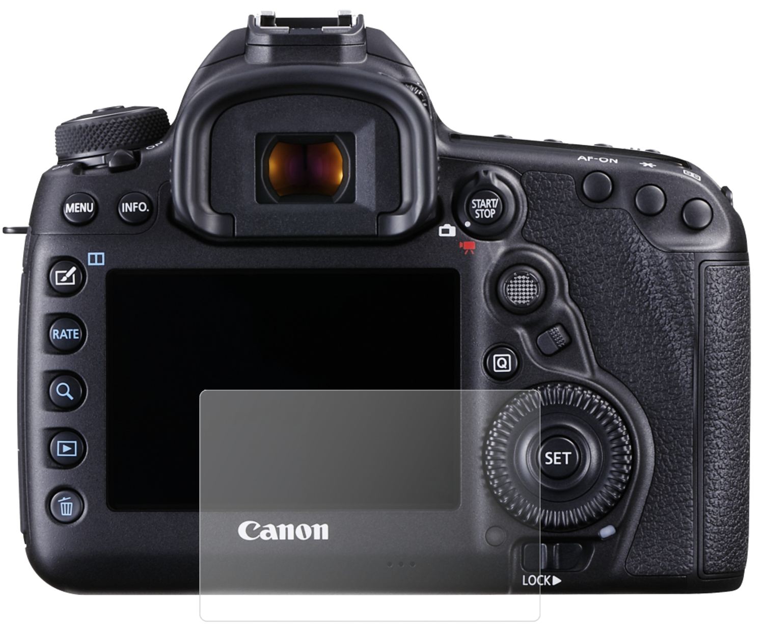 CanonEOS 5D Mark IV mit aufgebrachter dipos Panzerfolie, die lästige Fingerabdrücke minimiert