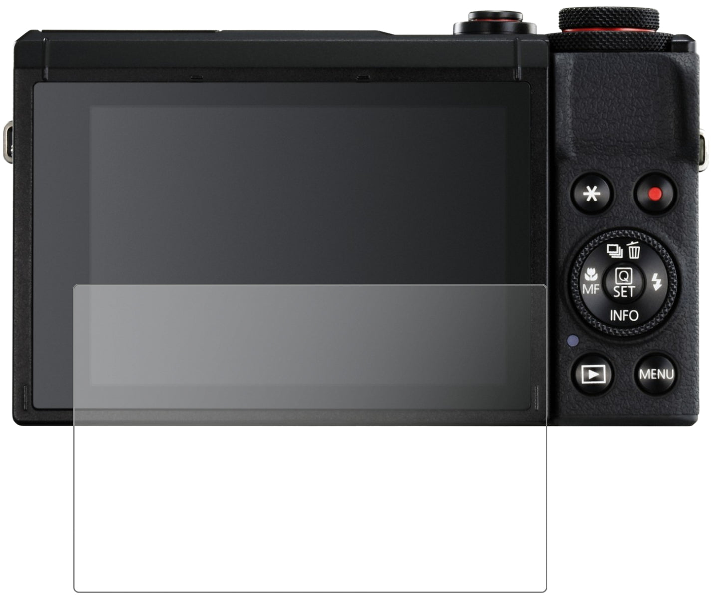 CanonPowerShot G7X Mark III mit aufgebrachter dipos Panzerfolie, die lästige Fingerabdrücke minimiert