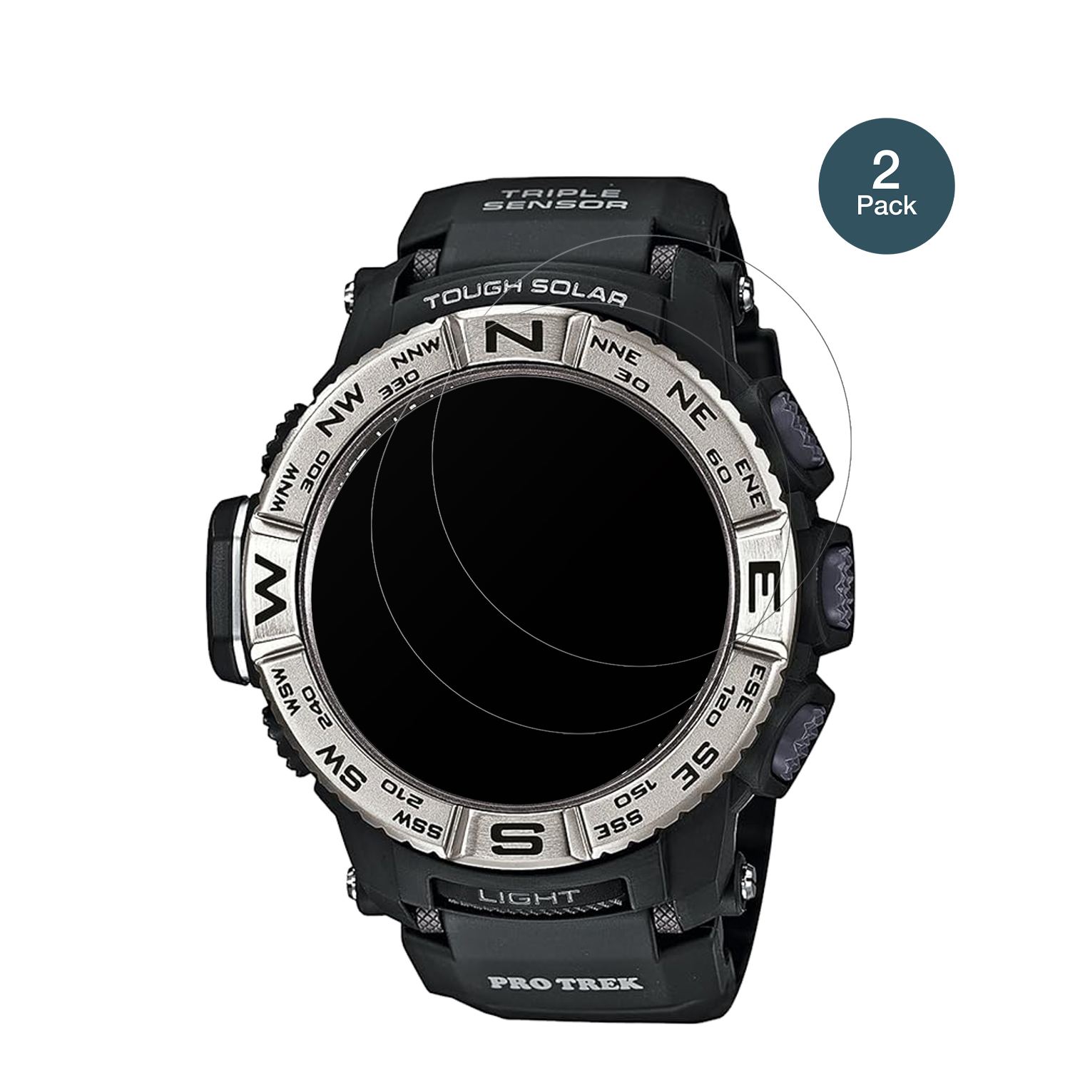 CasioPro Trek PRW-3500-1 mit aufgebrachter dipos Panzerfolie, die lästige Fingerabdrücke minimiert