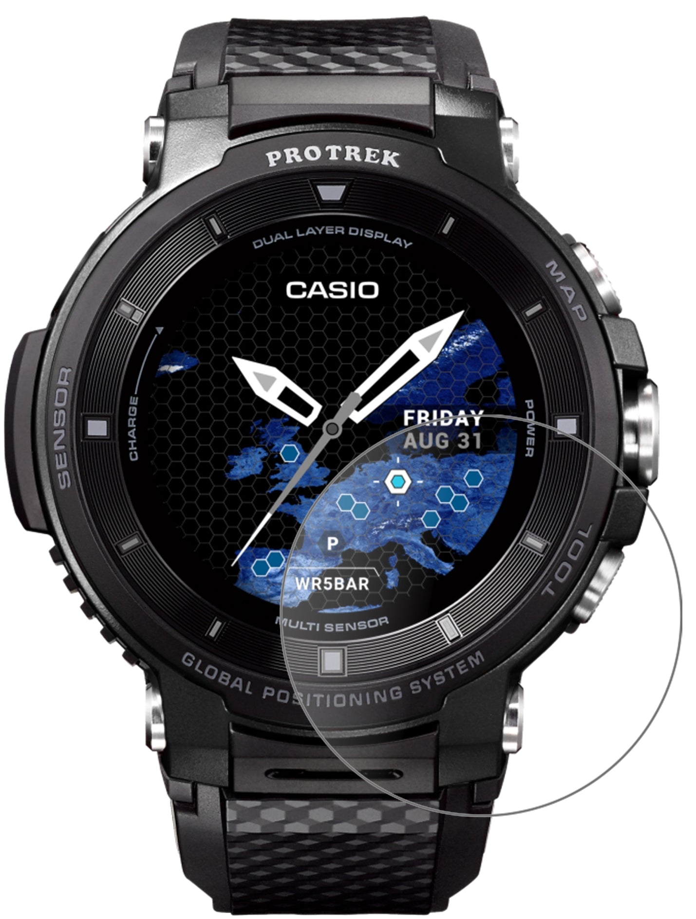 CasioPro Trek smart WSD-F30 mit aufgebrachter dipos Panzerfolie, die lästige Fingerabdrücke minimiert