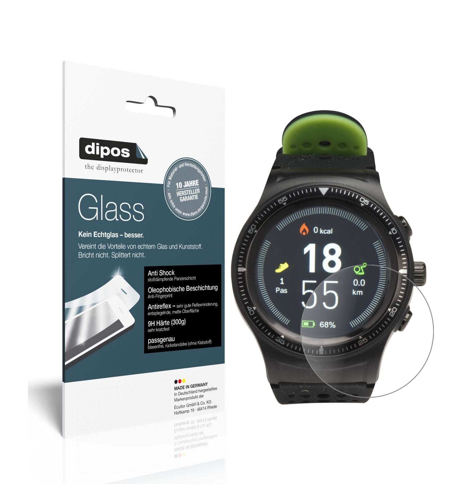 DENVERSW-500 Smartwatch mit aufgebrachter dipos Panzerfolie, die lästige Fingerabdrücke minimiert