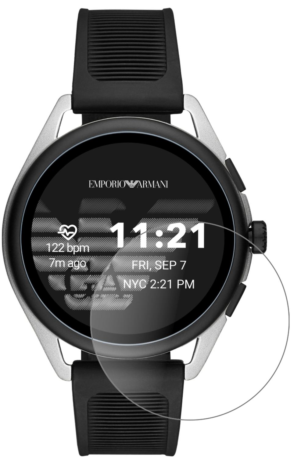 Emporio ArmaniSmartwatch 3 mit aufgebrachter dipos Panzerfolie, die lästige Fingerabdrücke minimiert