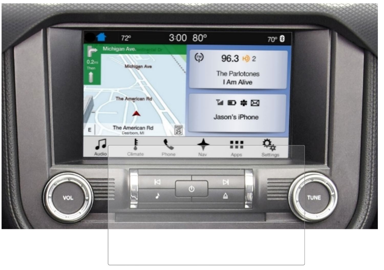 FordMustang Navi (ab BJ 2015) mit aufgebrachter dipos Panzerfolie, die lästige Fingerabdrücke minimiert