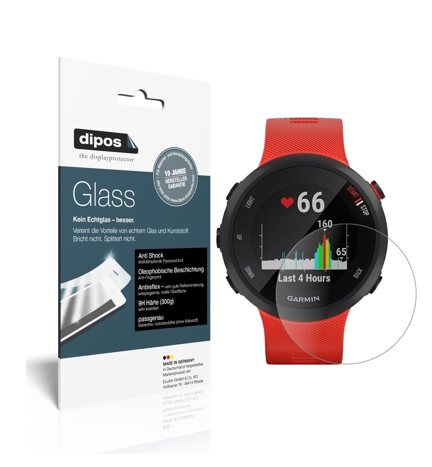 GarminForerunner 45 S mit aufgebrachter dipos Panzerfolie, die lästige Fingerabdrücke minimiert
