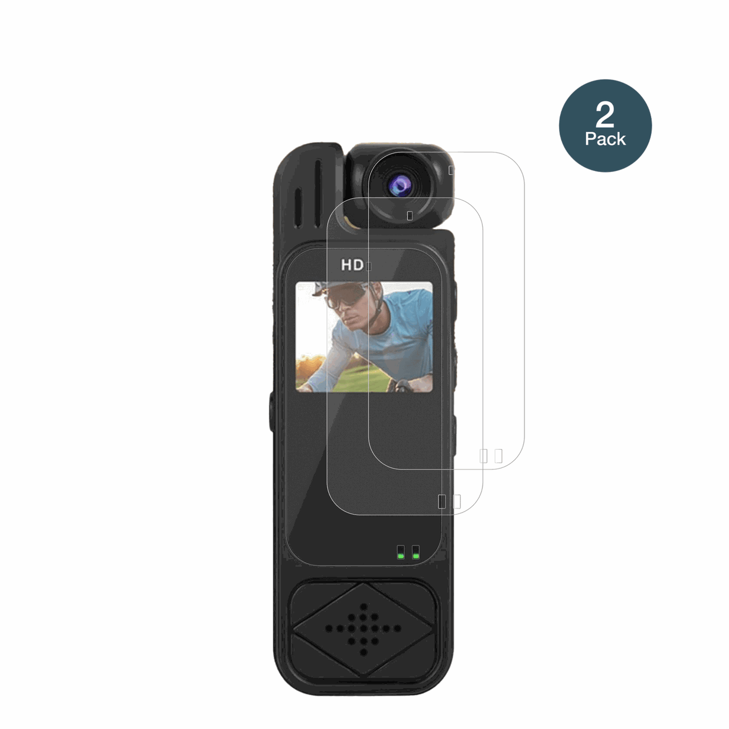 GlomcMini-Sportkamera mit aufgebrachter dipos Panzerfolie, die lästige Fingerabdrücke minimiert