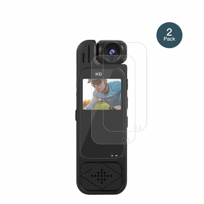 GlomcMini-Sportkamera mit aufgebrachter dipos Panzerfolie, die lästige Fingerabdrücke minimiert