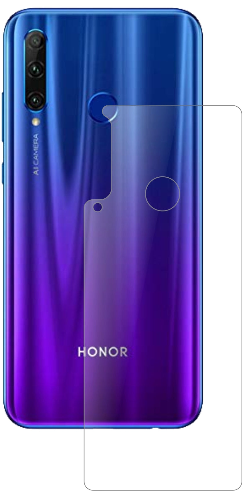 Honor20 lite Rückseite mit aufgebrachter dipos Panzerfolie, die lästige Fingerabdrücke minimiert
