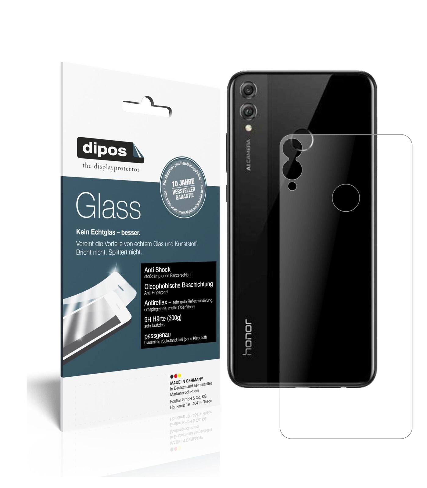HonorView 10 Lite Rückseite mit aufgebrachter dipos Panzerfolie, die lästige Fingerabdrücke minimiert