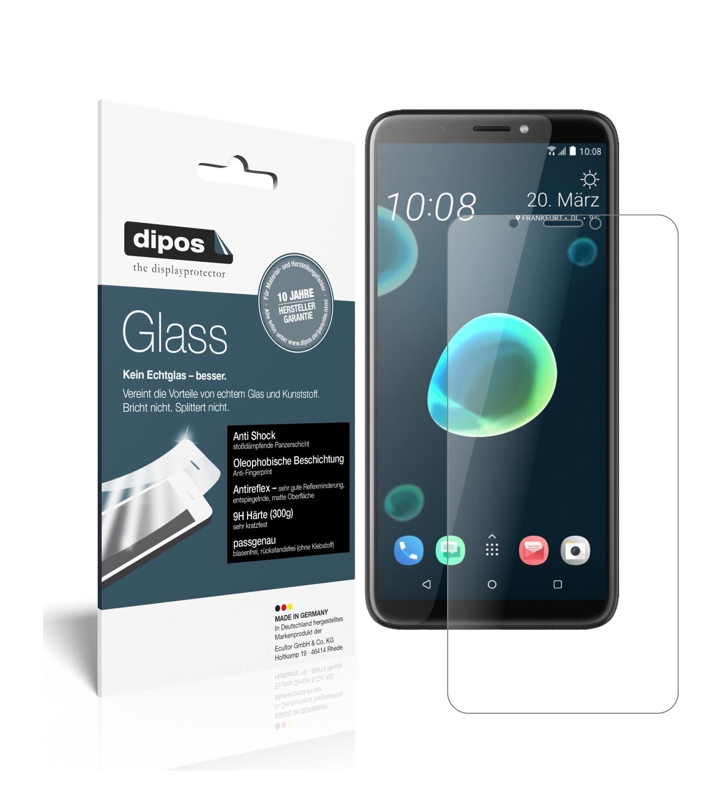 HTCDesire 12 mit aufgebrachter dipos Panzerfolie, die lästige Fingerabdrücke minimiert