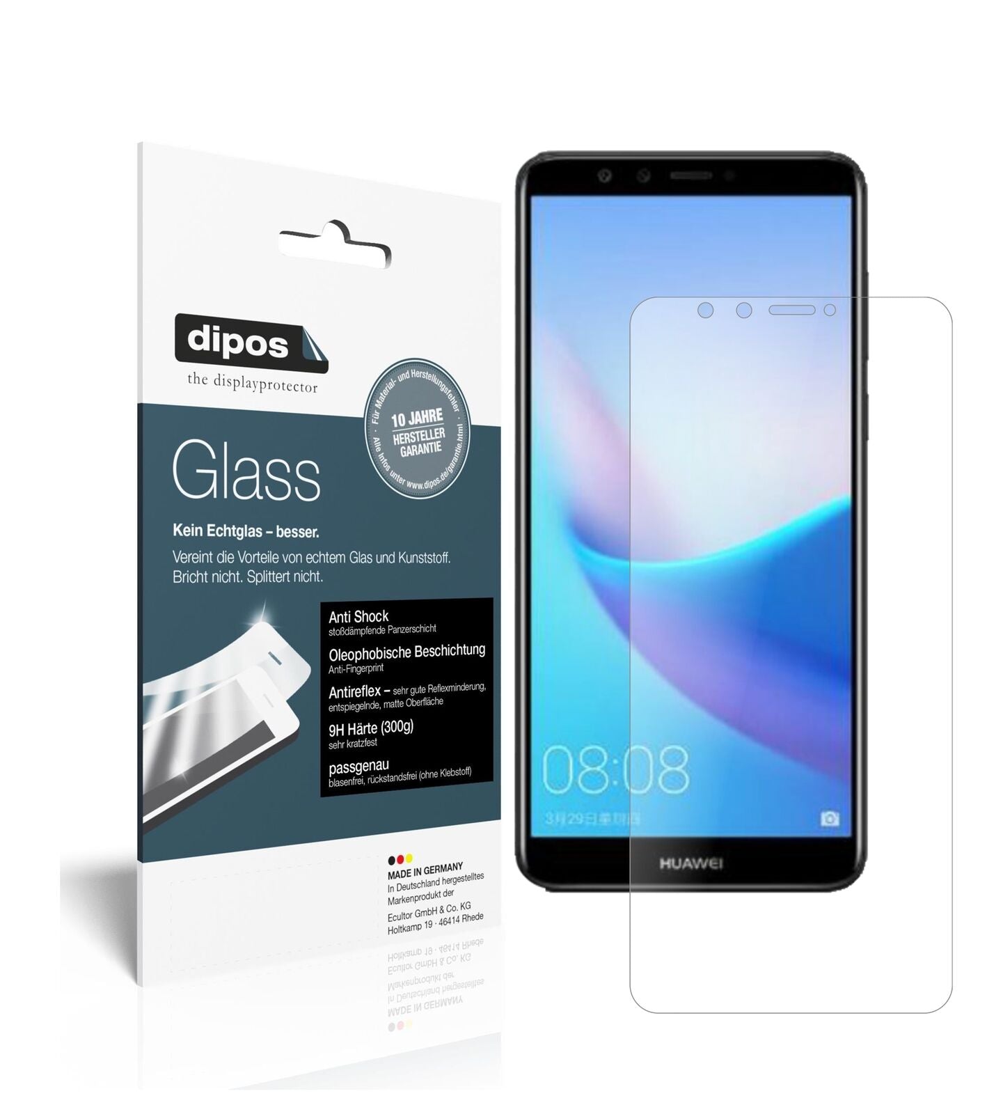 HuaweiEnjoy 8e mit aufgebrachter dipos Panzerfolie, die lästige Fingerabdrücke minimiert