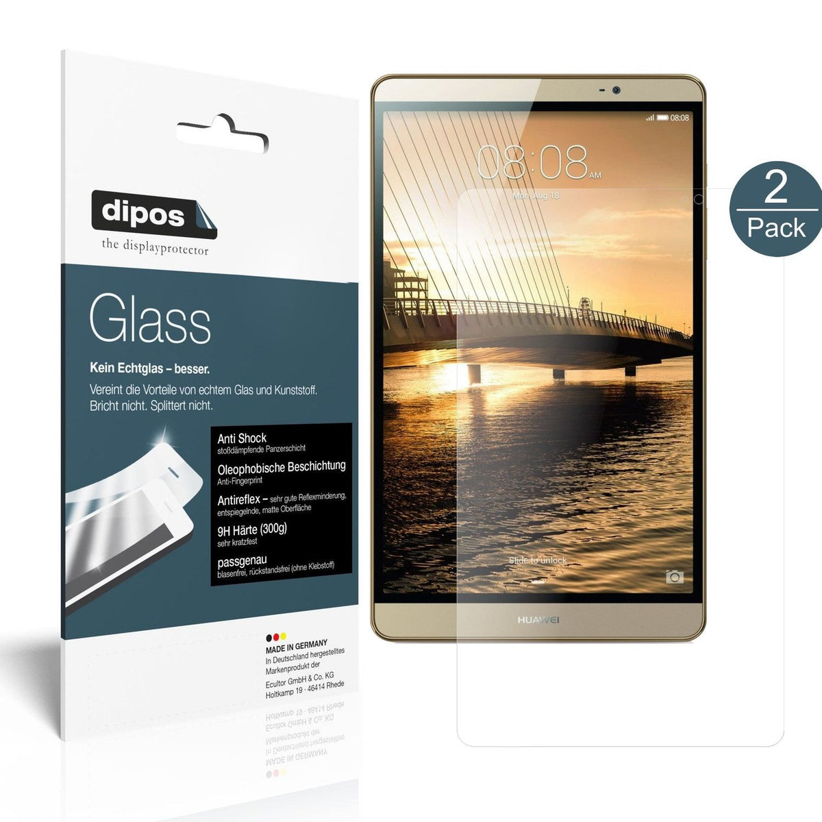 HuaweiMediapad M2 8.0 mit aufgebrachter dipos Panzerfolie, die lästige Fingerabdrücke minimiert