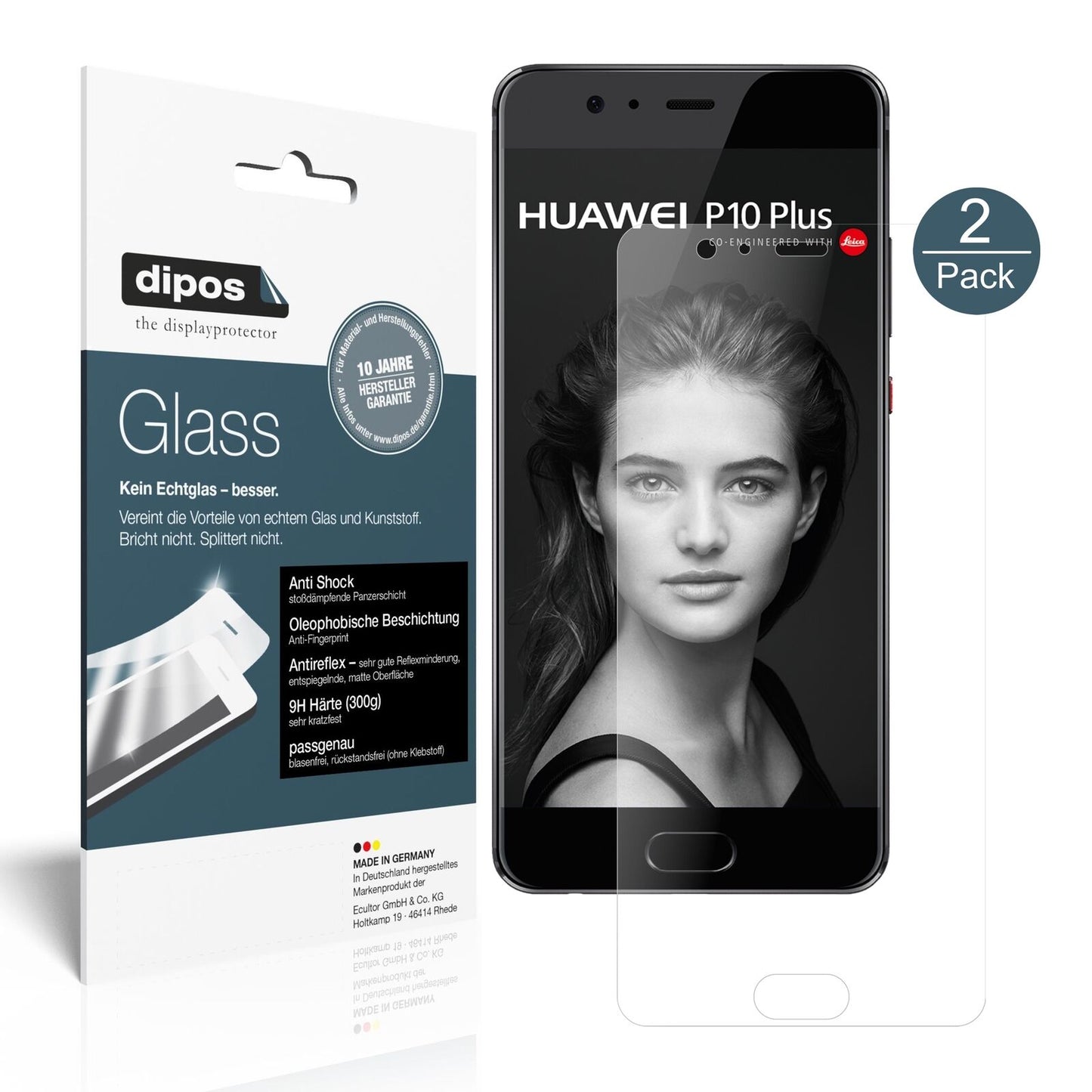 HuaweiP10 Plus mit aufgebrachter dipos Panzerfolie, die lästige Fingerabdrücke minimiert