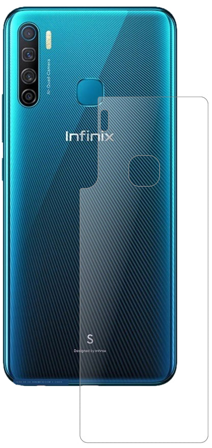 InfinixS5 Rückseite mit aufgebrachter dipos Panzerfolie, die lästige Fingerabdrücke minimiert