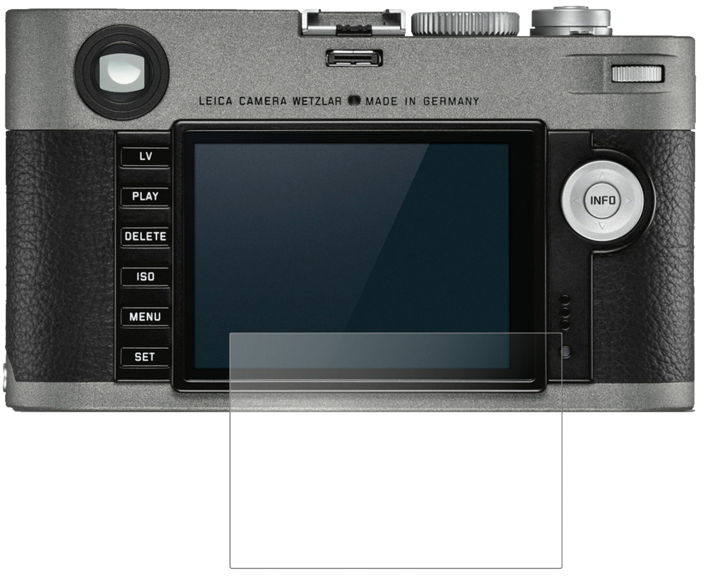 LeicaM-E (Typ) 240 mit aufgebrachter dipos Panzerfolie, die lästige Fingerabdrücke minimiert