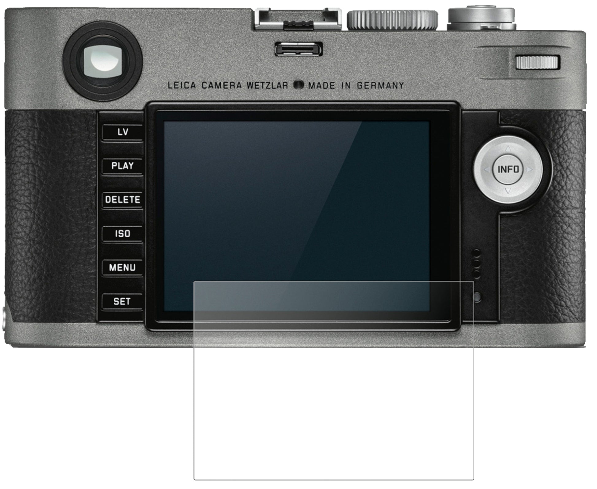 LeicaM-E (Typ) 240 mit aufgebrachter dipos Panzerfolie, die lästige Fingerabdrücke minimiert